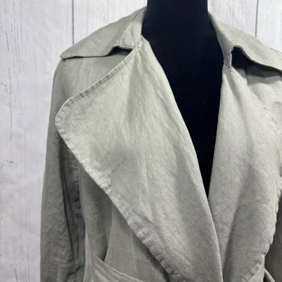 Cynthia Rowley 100% Linen Trench Coat Green Belted Size S Minimalist Lightweight - Picture 4 of 14